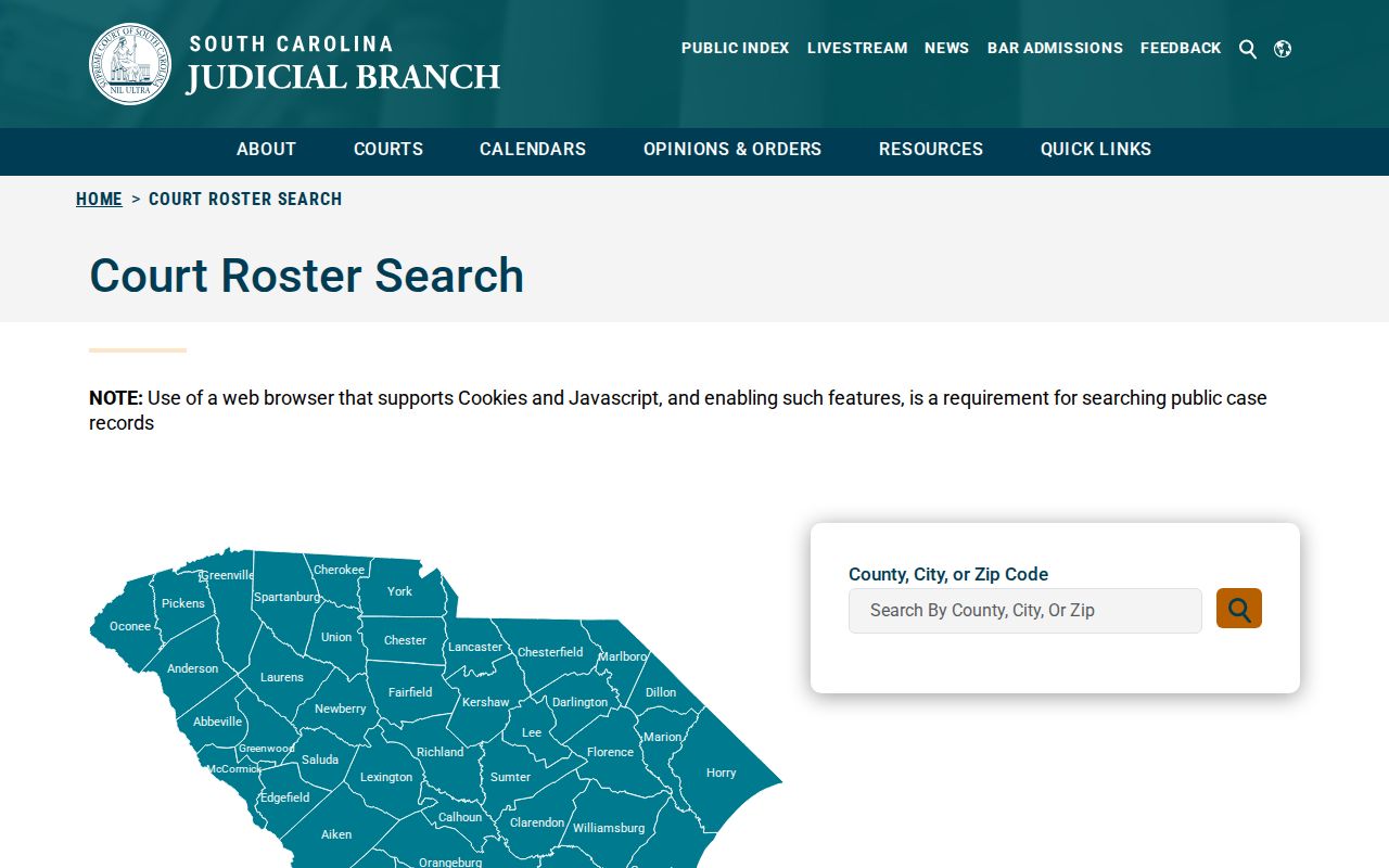 Bamberg County warrant search, South Carolina court roster county city ZIP field