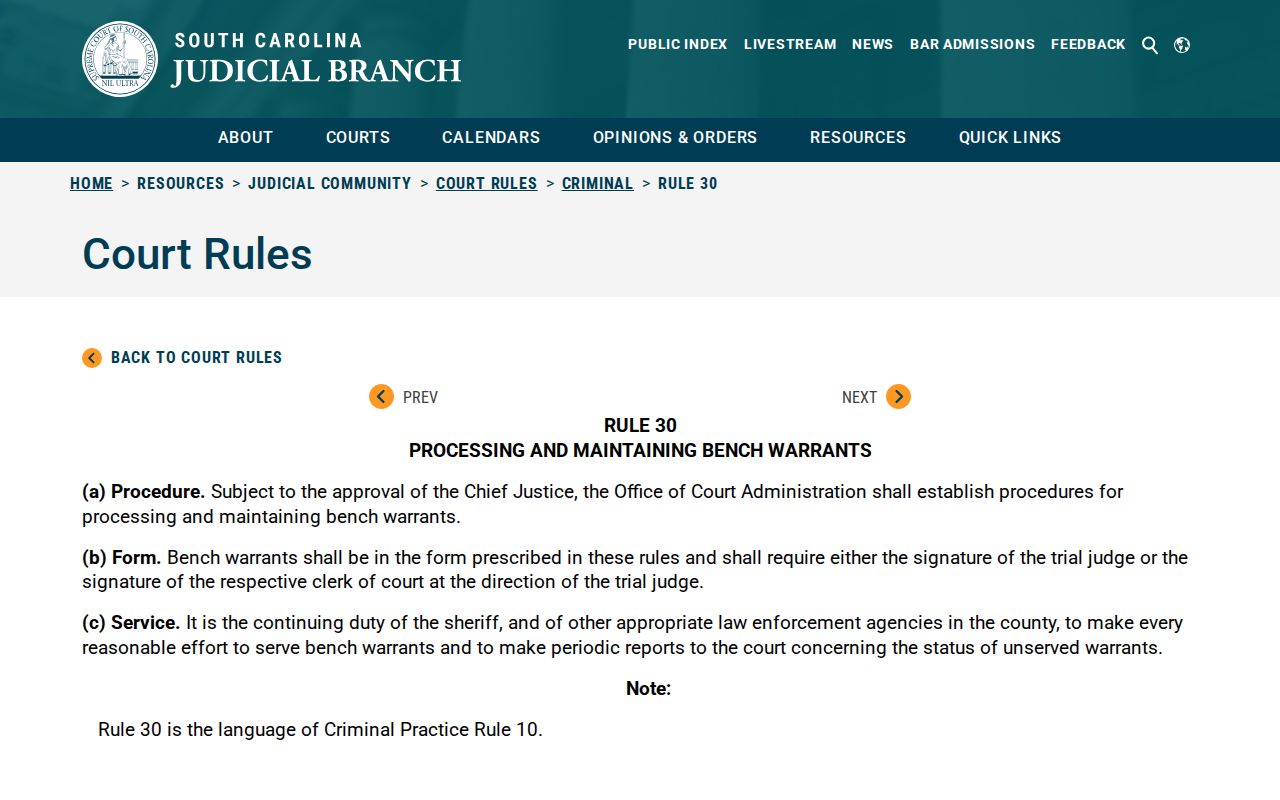 Bamberg County bench warrants, South Carolina Criminal Rule 30 service process