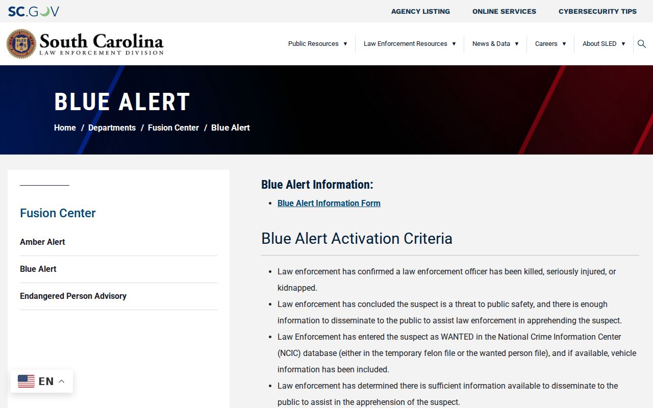 Bamberg County warrant lists, SLED Blue Alert and NCIC program information