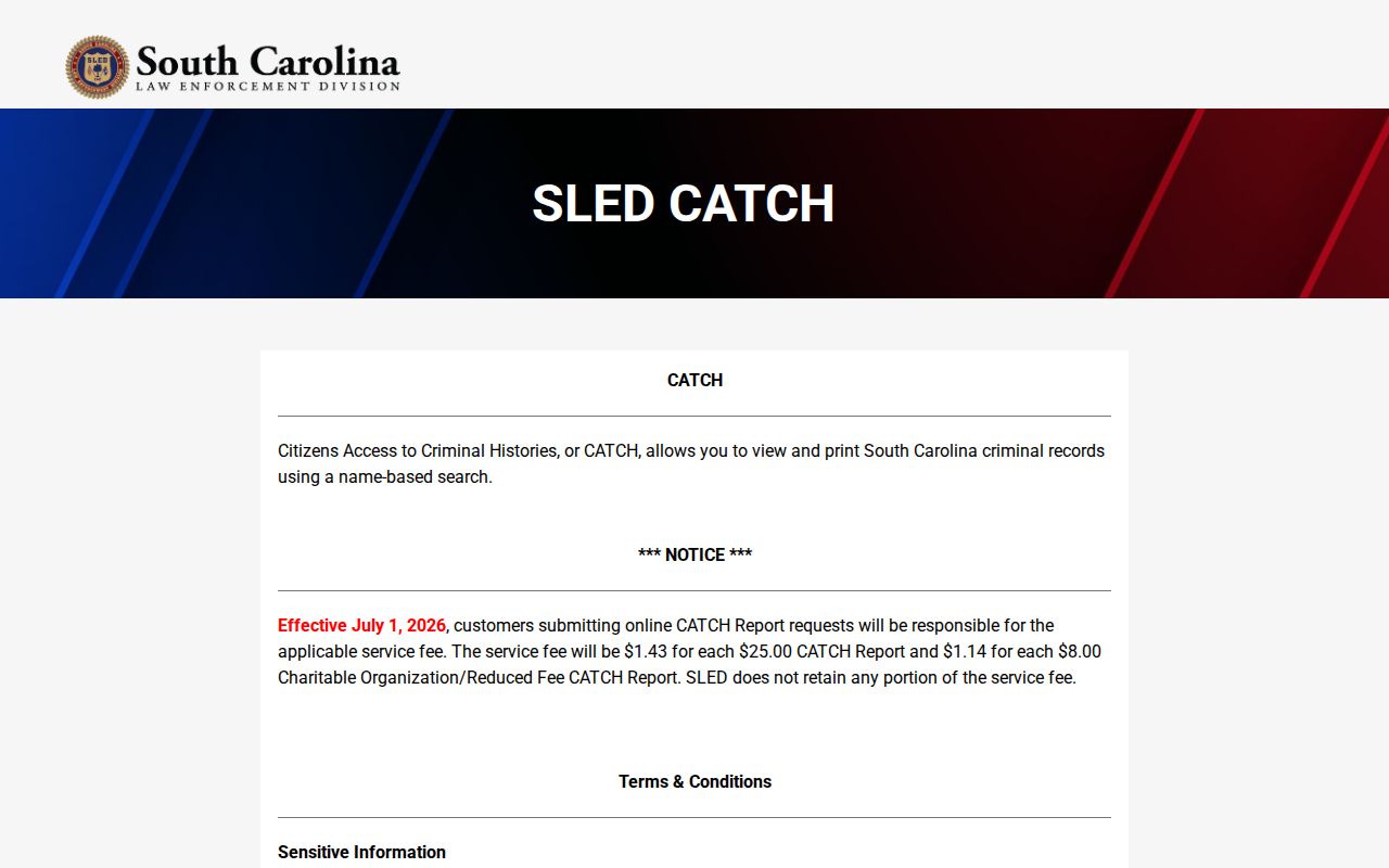 Bamberg County warrant search, SLED CATCH name and date of birth fields